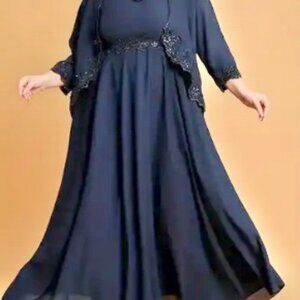 Plus Size Two Piece Set, Women's Plus Solid Contrast Lace Panel Maxi Tank Dress